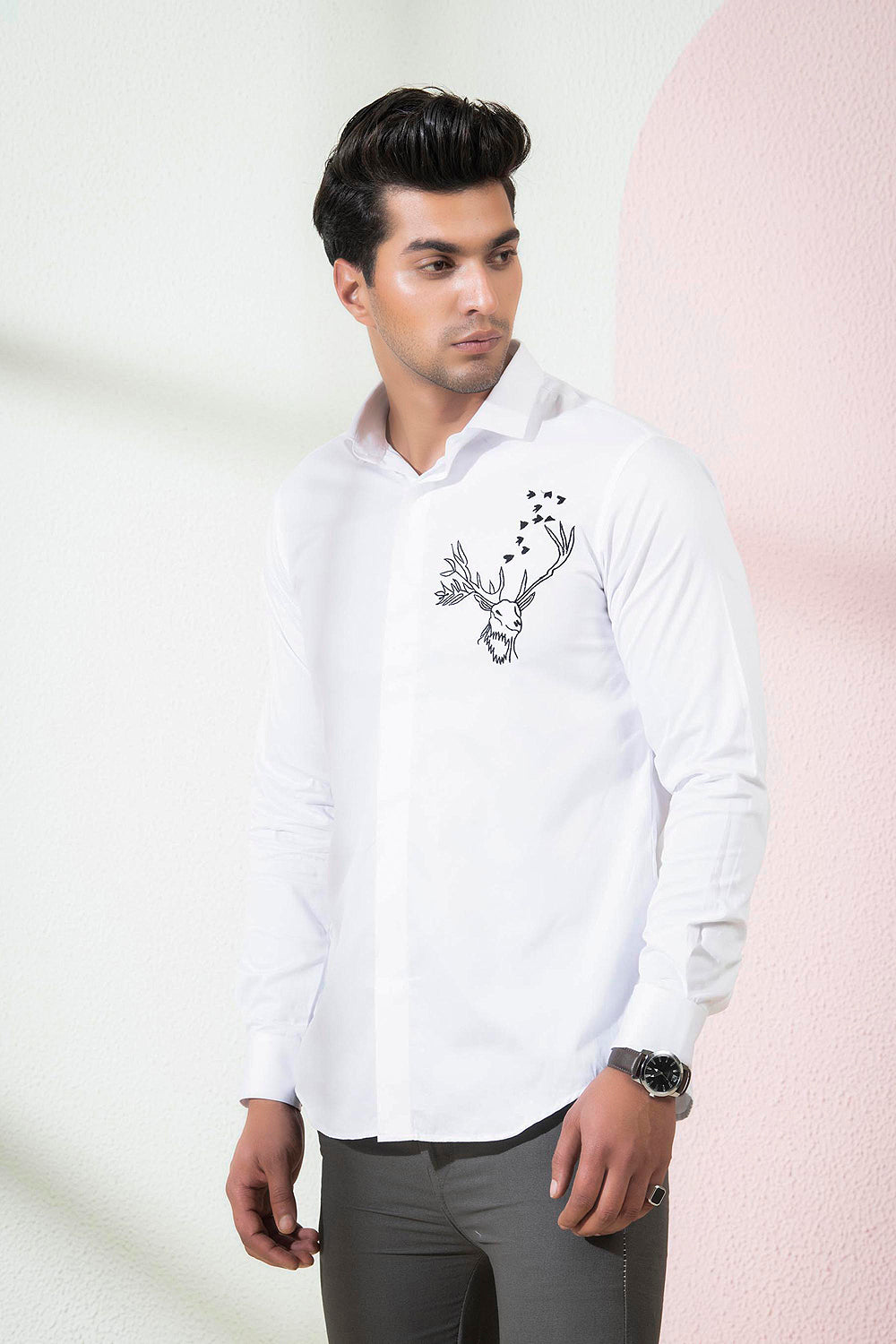 Hilo Design Mens White Designer Shirt Reindeer Embroidery HILO DESIGN