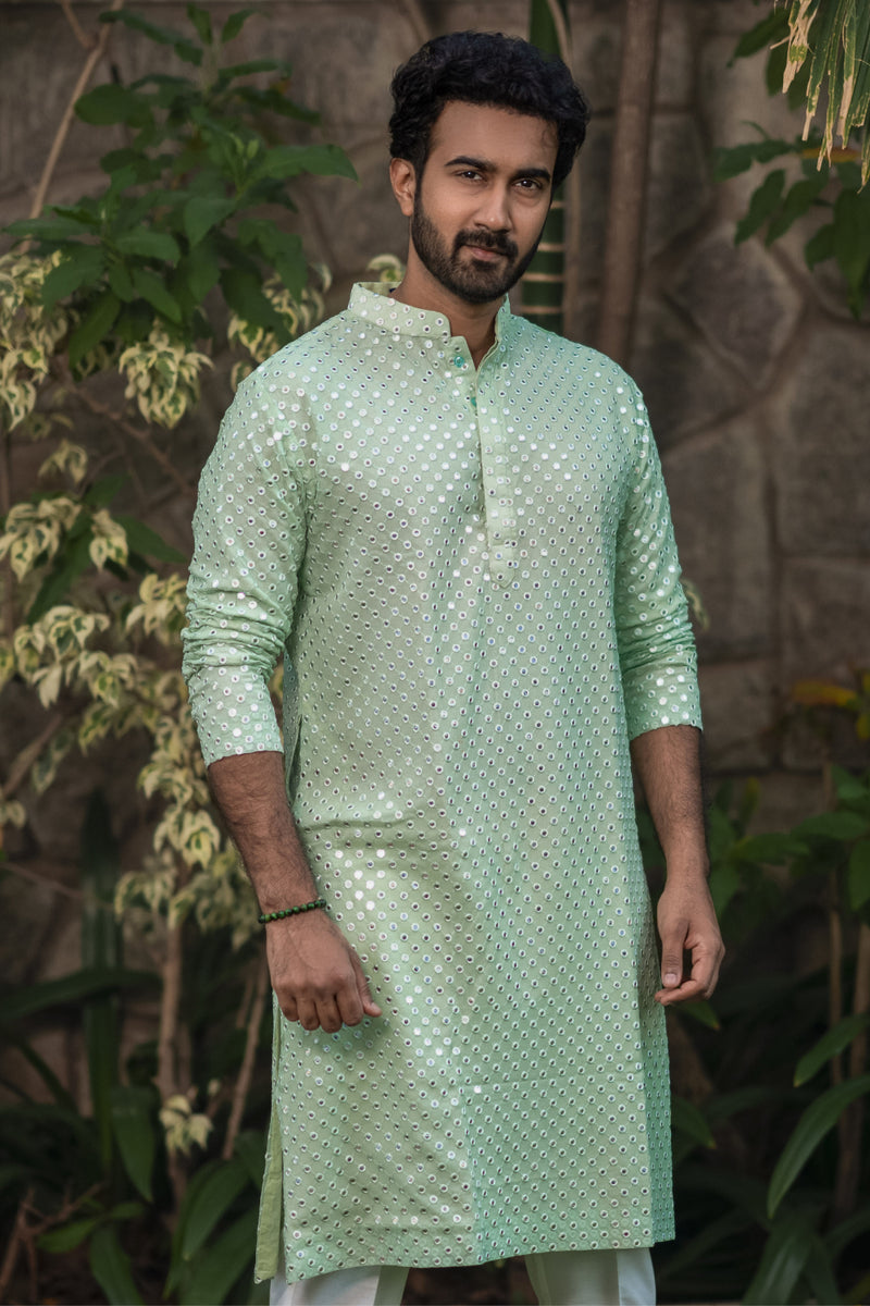 Hilo Design Buy Mens Mirror Work Kurta- Pista Green – HILO DESIGN